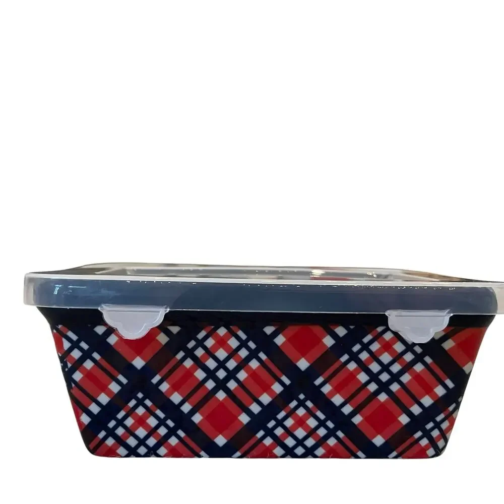 Temptations by Tara Mini Ceramic Loaf Pan w/ Lid 12oz Holiday Plaid Bakeware NEW